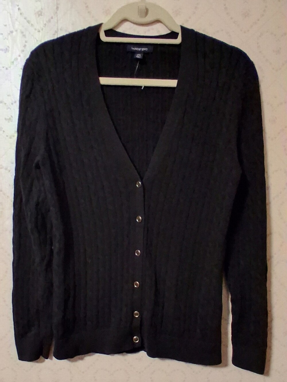 Lands' End Black V-Neck Cable Knit Gold Button-Up Cardigan